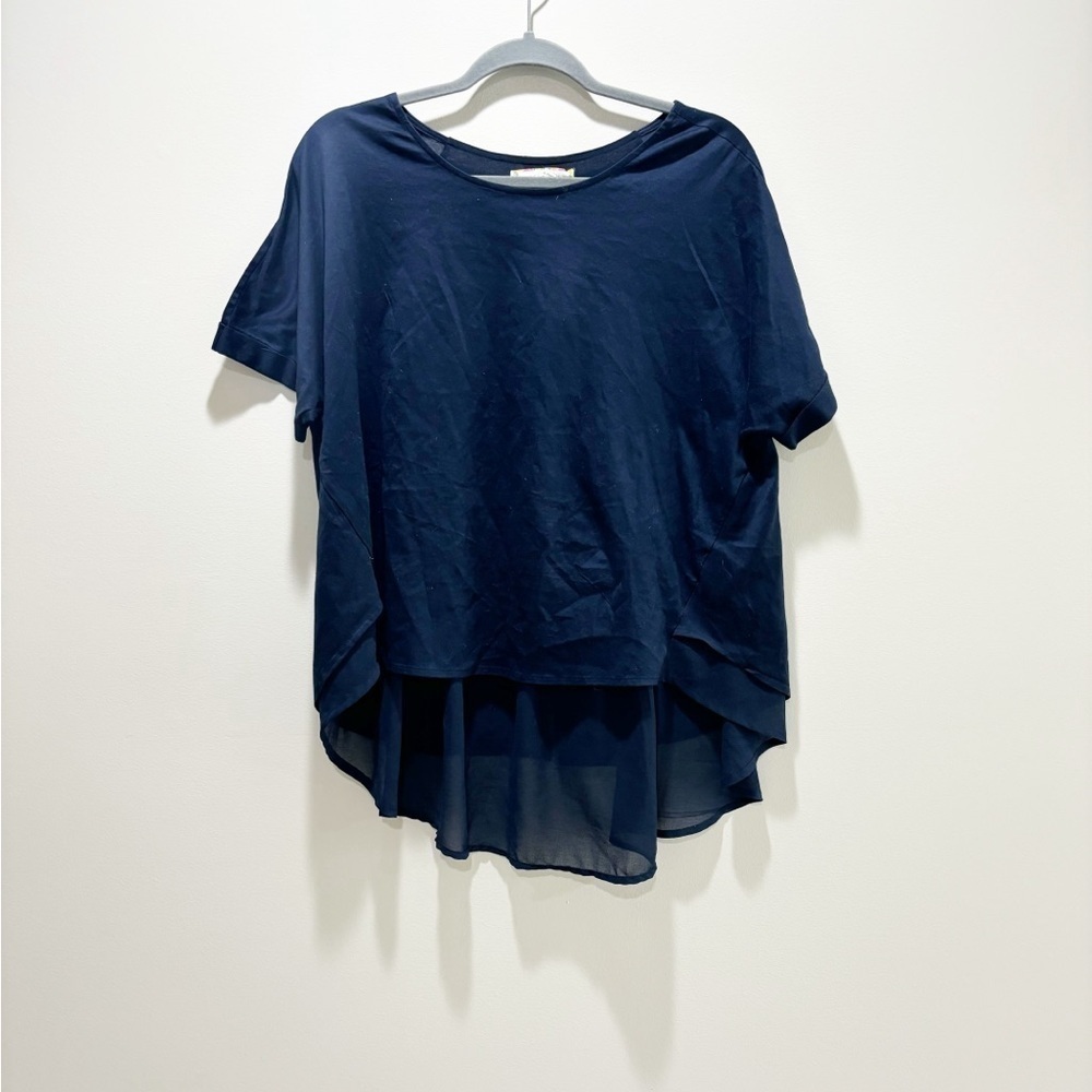 ANTHROPOLOGIE ERI + ALI • NEW Women’s Navy Short Sleeve Split Back Top Chiffon M